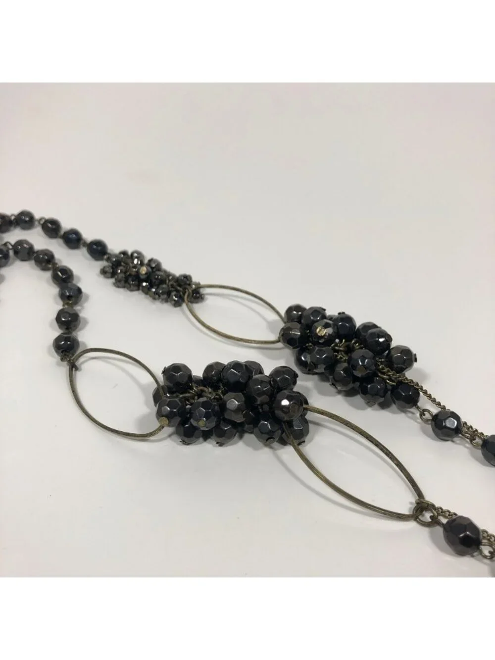 Black Faceted Bead Cluster Statement Necklace Long Antique Gold Tone 38 inch